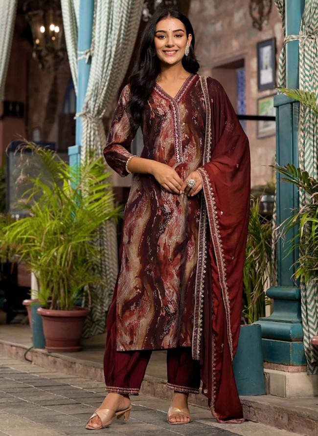 Modal Silk Maroon Casual Wear Printed Readymade Kurti Set